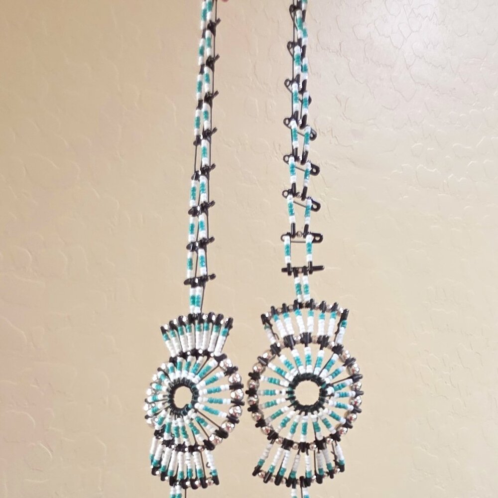 Vintage Squash Blossom Turquoise White Black Handmade Beaded Safety Pin Necklace - Picture 12 of 14